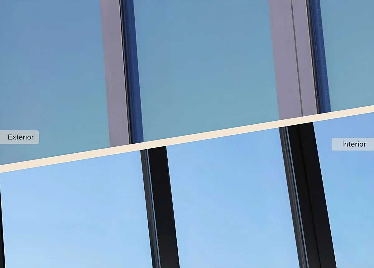 MULTIGLASS 66 C - vitrage avec film solaire, vue extérieur/intérieur avec bande beige