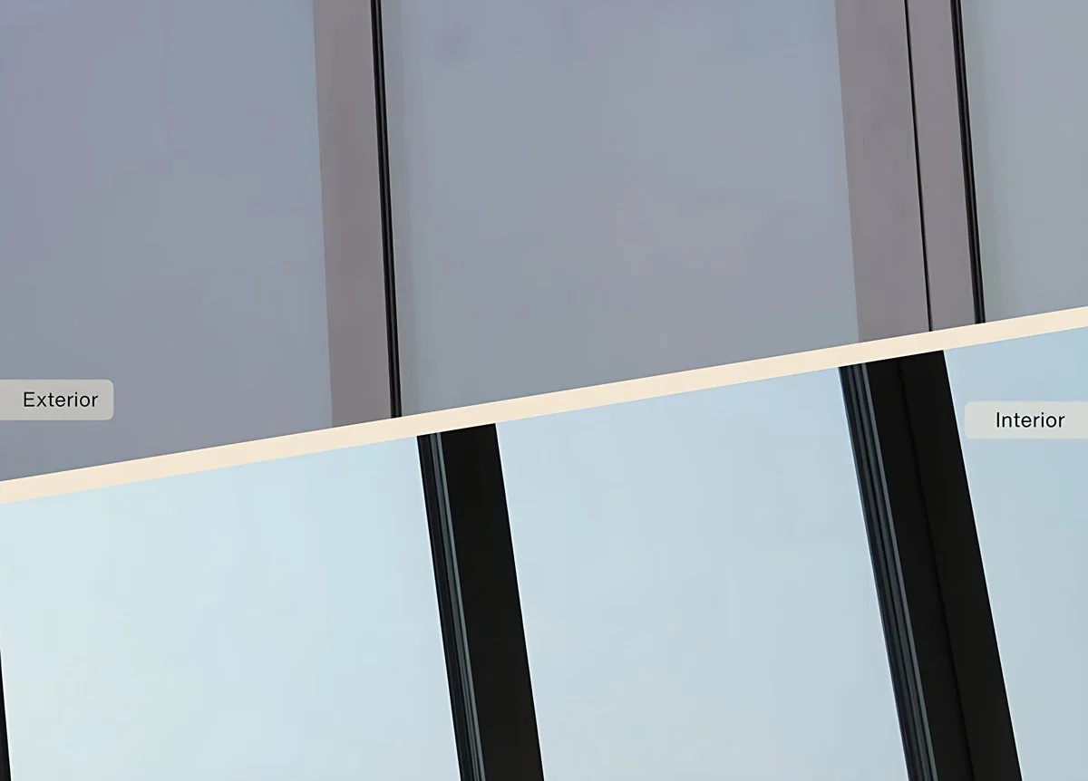 SILVER 345 XC - vitrage avec film solaire argenté, vue extérieur/intérieur avec bande beige